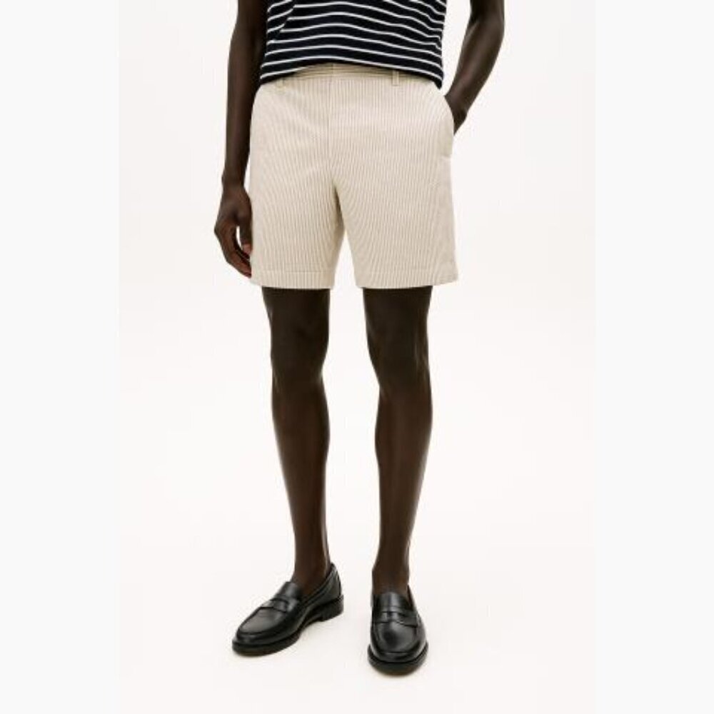 American Apparel Seersucker Shorts Khaki White Cotton Summer Coastal 34